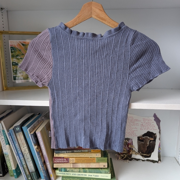 Bluenotes Girl's Cropped Cardigan Ribbed Short Sleeve Blue Purple Medium - Picture 4 of 4